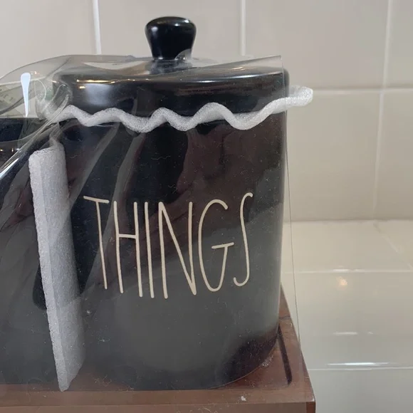 NWT Rae Dunn BRUSHES & THINGS brush holder and canister with lid black on wood - Picture 3 of 5